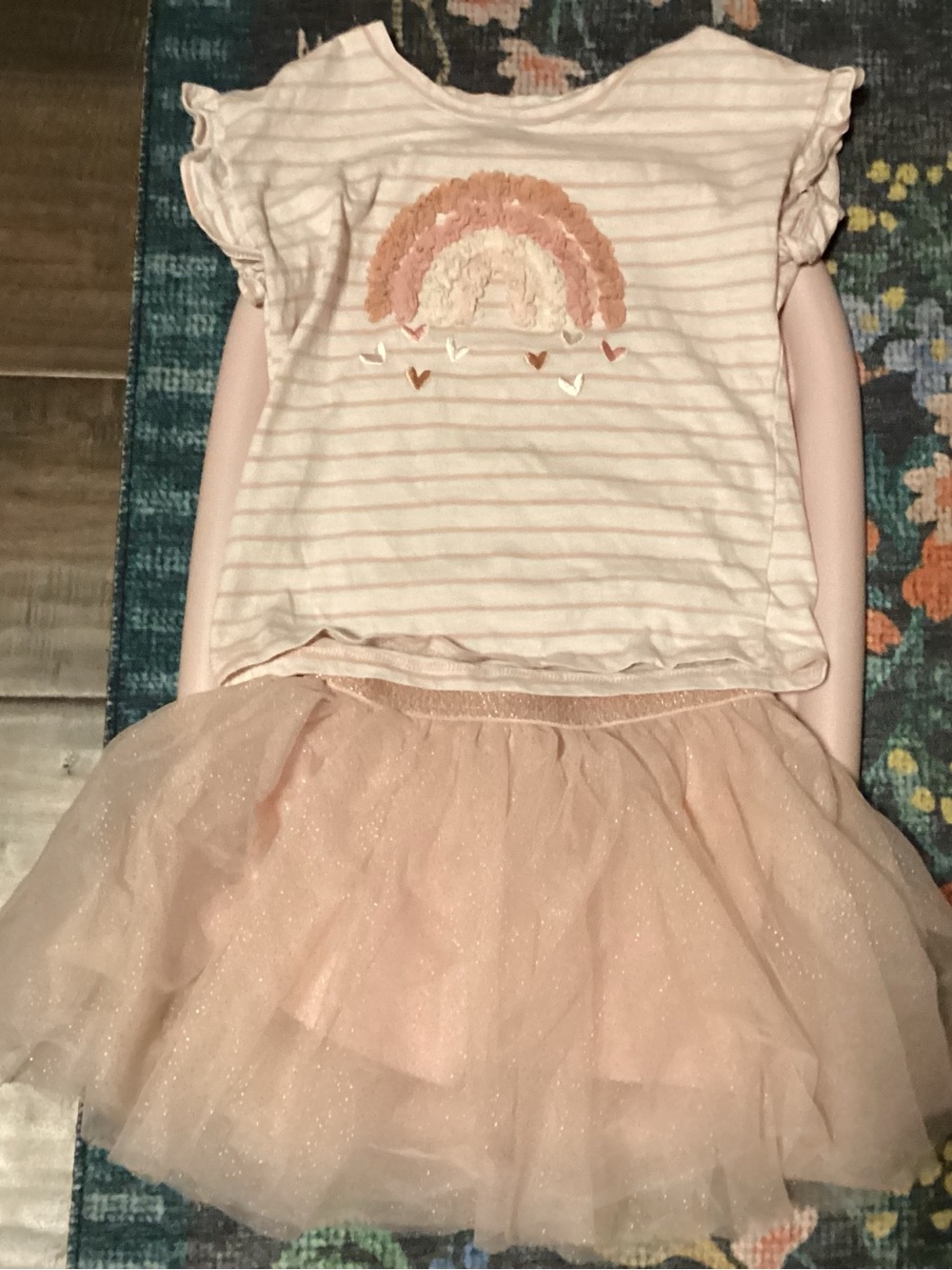 Kids Headquarters Cream & Pastel Rainbow Ruffle Sleeve Tee and puffy pink squort